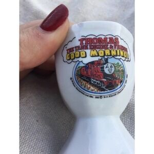 3” vintage Thomas engine egg cup white train breakfast brunch children 80s book